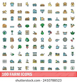 100 farm icons set. Color line set of farm vector icons thin line color flat on white