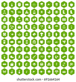 100 farm icons set in green hexagon isolated vector illustration