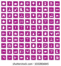 100 farm icons set in grunge style pink color isolated on white background vector illustration