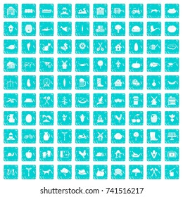 100 farm icons set in grunge style blue color isolated on white background vector illustration