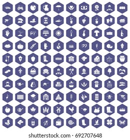 100 farm icons set in purple hexagon isolated vector illustration