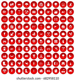 100 farm icons set in red circle isolated on white vector illustration