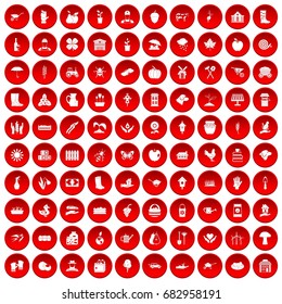 100 farm icons set in red circle isolated on white vector illustration