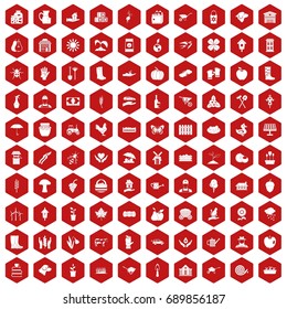 100 farm icons set in red hexagon isolated vector illustration