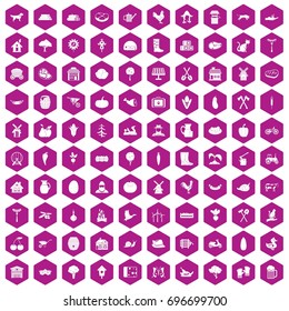 100 farm icons set in violet hexagon isolated vector illustration