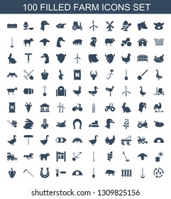 100 farm icons. Trendy farm icons white background. Included filled icons such as harvest, hoe, fence, hog, shovel, cargo barn, gardening tool, horseshoe. farm icon for web and mobile.