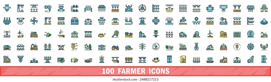 100 farmer icons set. Color line set of farmer vector icons thin line color flat on white