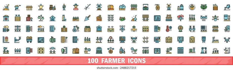 100 farmer icons set. Color line set of farmer vector icons thin line color flat on white