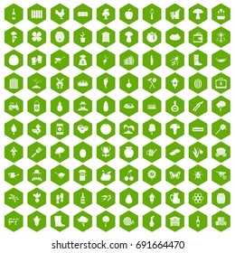 100 farming icons set in green hexagon isolated vector illustration