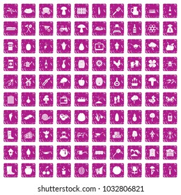 100 farming icons set in grunge style pink color isolated on white background vector illustration