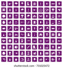 100 farming icons set in grunge style purple color isolated on white background vector illustration