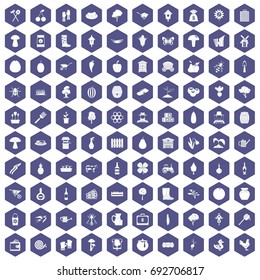 100 farming icons set in purple hexagon isolated vector illustration