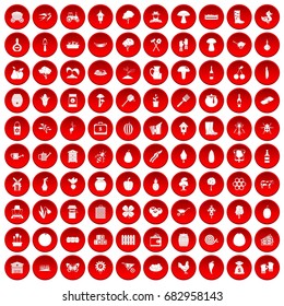 100 farming icons set in red circle isolated on white vector illustration