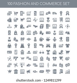 100 Fashion and Commerce universal icons pack with Best, Online shop, Catalogue, Discount, Brand, High heels, Megaphone, Website, Package, Shopping cart