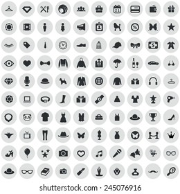 100 fashion icons, black on circle gray background 