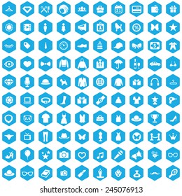 100 fashion icons, blue hexagon background 