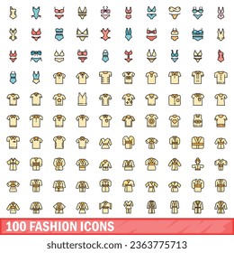 100 fashion icons set. Color line set of fashion vector icons thin line color flat on white