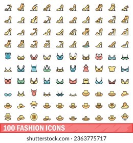 100 iconos de moda. Conjunto de líneas de color de los iconos vectoriales de moda color de línea delgada plano sobre blanco