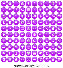 100 fashion icons set in purple circle isolated on white vector illustration