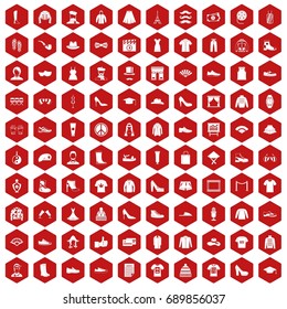 100 fashion icons set in red hexagon isolated vector illustration