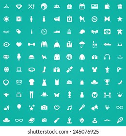 100 fashion icons, white on green background 