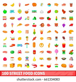 100 fast food icons set. Cartoon illustration of 100 fast food icons vector set isolated on white background