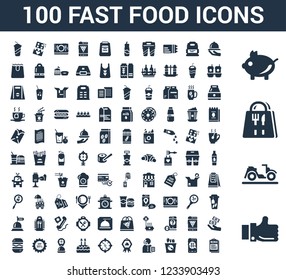 100 fast food universal icons set with Review, Delivery, Bag, Saving, Tray, Ordering, Fried chicken, Operator, Guarantee, Preparation