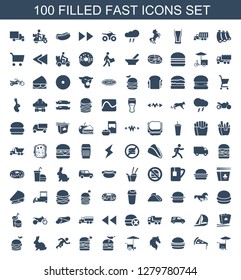 100 fast icons. Trendy fast icons white background. Included filled icons such as fast food cart, pizza, burger, horse, burger with pepper, double burger with flag. fast icon for web and mobile.