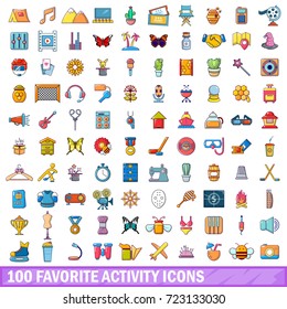 100 favorite activity icons set in cartoon style for any design vector illustration