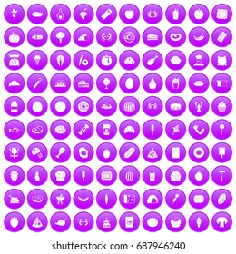 100 favorite food icons set in purple circle isolated vector illustration