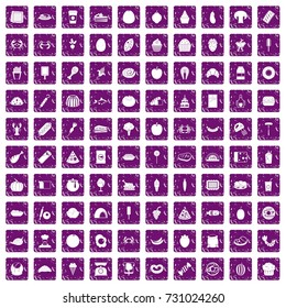 100 favorite food icons set in grunge style purple color isolated on white background vector illustration