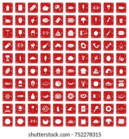 100 favorite food icons set in grunge style red color isolated on white background vector illustration