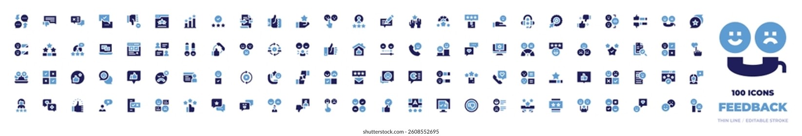 100 Feedback Icons Collection. Bold style. Duotone colors. chat, badcomment, badfeedback, feedback, negativereview, rating, thumbup, review, accountable, sad.