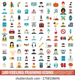 100 fühlende Trainingssymbole, die in flachem Stil für jede Design-Vektorgrafik eingestellt sind