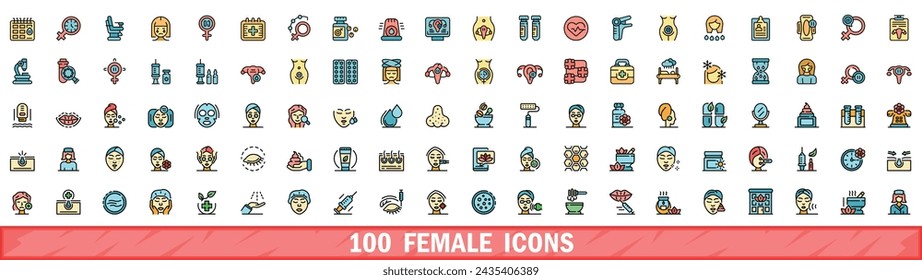 100 female icons set. Color line set of female vector icons thin line color flat on white