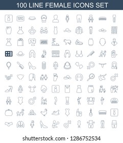 100 female icons. Trendy female icons white background. Included line icons such as waist fitness, woman pants, slim, mannequin, baby playing with toy. female icon for web and mobile.