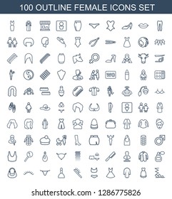 100 female icons. Trendy female icons white background. Included outline icons such as sandals, dress, jacket, swim suit, hair brush, spa bag. female icon for web and mobile.