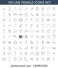 100 female icons. Trendy female icons white background. Included line icons such as dress, couple, cow, woman speaker, children, sandals, woman WC. female icon for web and mobile.