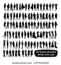 100 females silhouettes. Woman, women, lass, lady, girl, teenagers, youth