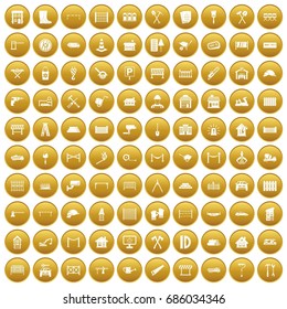 100 fence icons set in gold circle isolated on white vectr illustration
