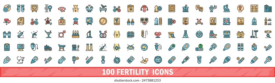 100 fertility icons set. Color line set of fertility vector icons thin line color flat on white