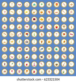 100 festival icons circle set on blue background cartoon style vector illustration