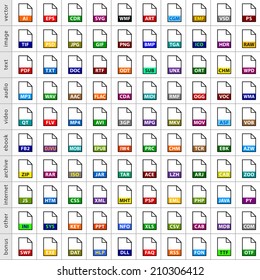 100 file types icons in simple flat style for graphic web design. Set colored symbol isolated on white background. Vector, image, text, audio, video, e-book, archive, internet formats in 8 eps