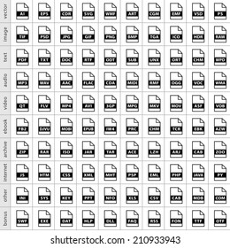 100 file types icons in simple flat style for graphic web design. Set 03 black symbol isolated on white background. Vector, image, text, audio, video, ebook, archive, internet formats in 8 eps