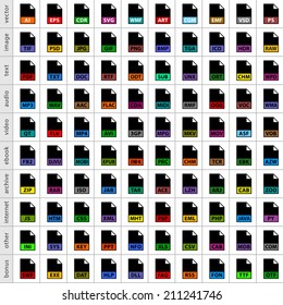 100 file types icons in simple flat style for graphic web design. Set 07 black symbol isolated on white background. Vector, image, text, audio, video, ebook, archive, internet formats in 8 eps