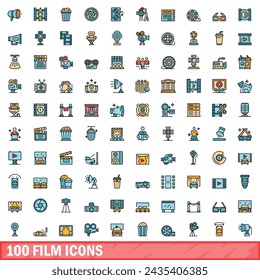 100 film icons set. Color line set of film vector icons thin line color flat on white