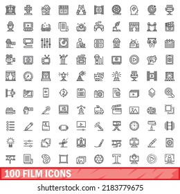 100 film icons set. Outline illustration of 100 film icons vector set isolated on white background