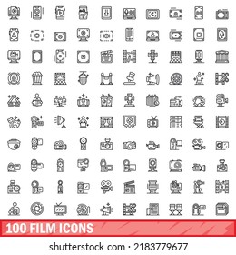 100 film icons set. Outline illustration of 100 film icons vector set isolated on white background
