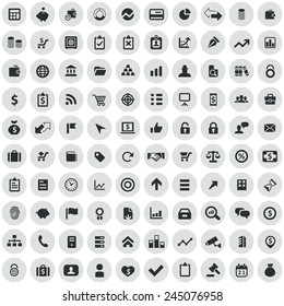 100 finance icons, black on circle gray background 