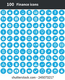 100 finance icons, blue circle background 